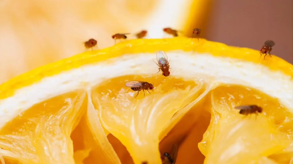 Fruchtfliegen auf einer Orange